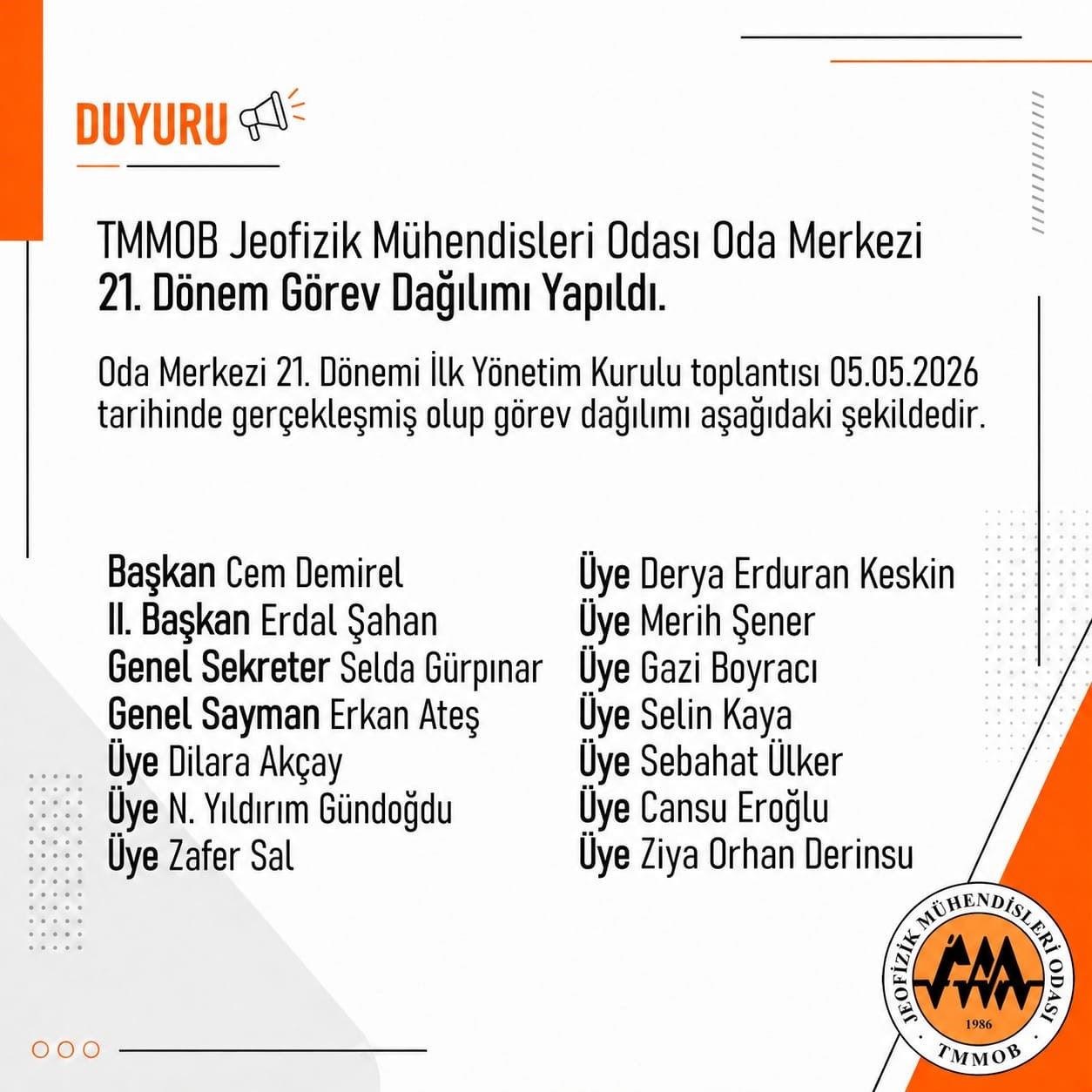 TMMOB Jeofizik Mühendisleri Odası Oda Merkezi 21. Dönem Görev Dağılımı Yapıldı.