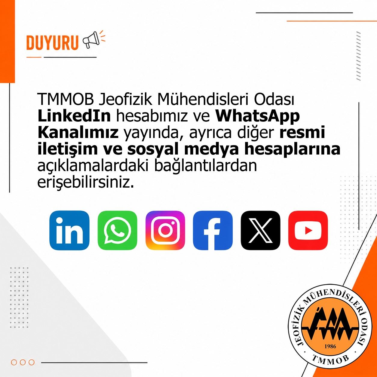 TMMOB Jeofizik Mühendisleri Odası LinkedIn Hesabımız ve WhatsApp Kanalımız Yayında