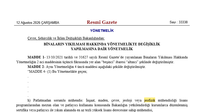 Binaların Yıkılması Hakkında Yönetmelikte Değişiklik Yapılmasına Dair Yönetmelik