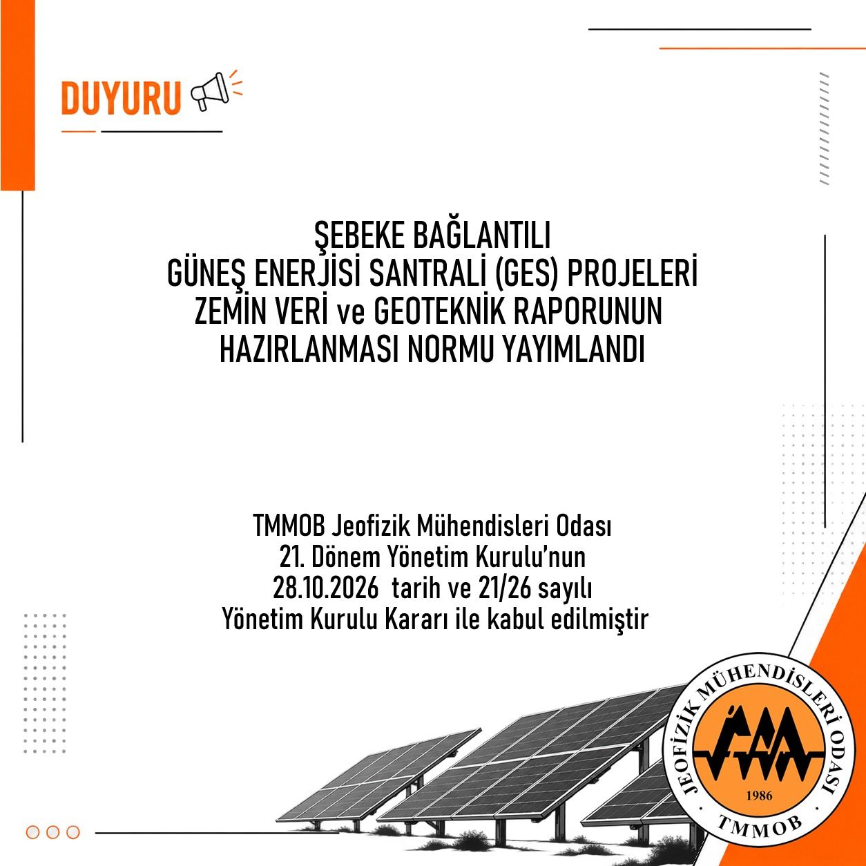 Şebeke Bağlantılı Güneş Enerjisi Santrali (GES) Projeleri Zemin Veri ve Geoteknik Raporunun Hazırlanması Normu Yayımladık