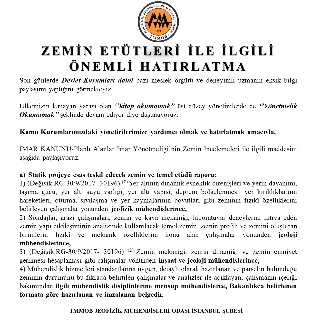 ZEMİN ETÜTLERİ İLE İLGİLİ ÖNEMLİ HATIRLATMA