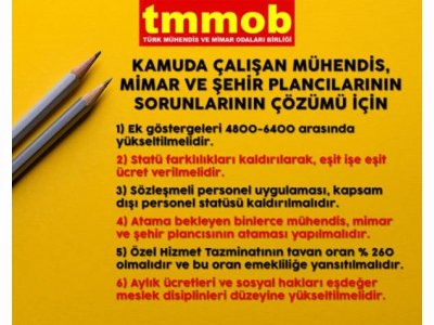 KAMUDA ÇALIŞAN MÜHENDİS MİMAR VE ŞEHİR PLANCILARININ ÖZLÜK HAKLARI İYİLEŞTİRİLMELİDİR