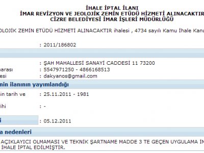 CİZRE BELEDİYESİ TEKNİK ŞARTNAMESİNDE JEOFİZİK ÇALIŞMALAR OLMADIĞINDAN ODAMIZIN İTİRAZIYLA İHALE İPTAL EDİLDİ