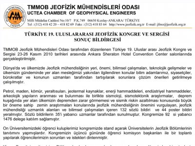 TÜRKİYE 19 ULUSLARARASI JEOFİZİK KONGRE VE SERGİSİ SONUÇ BİLDİRGESİ