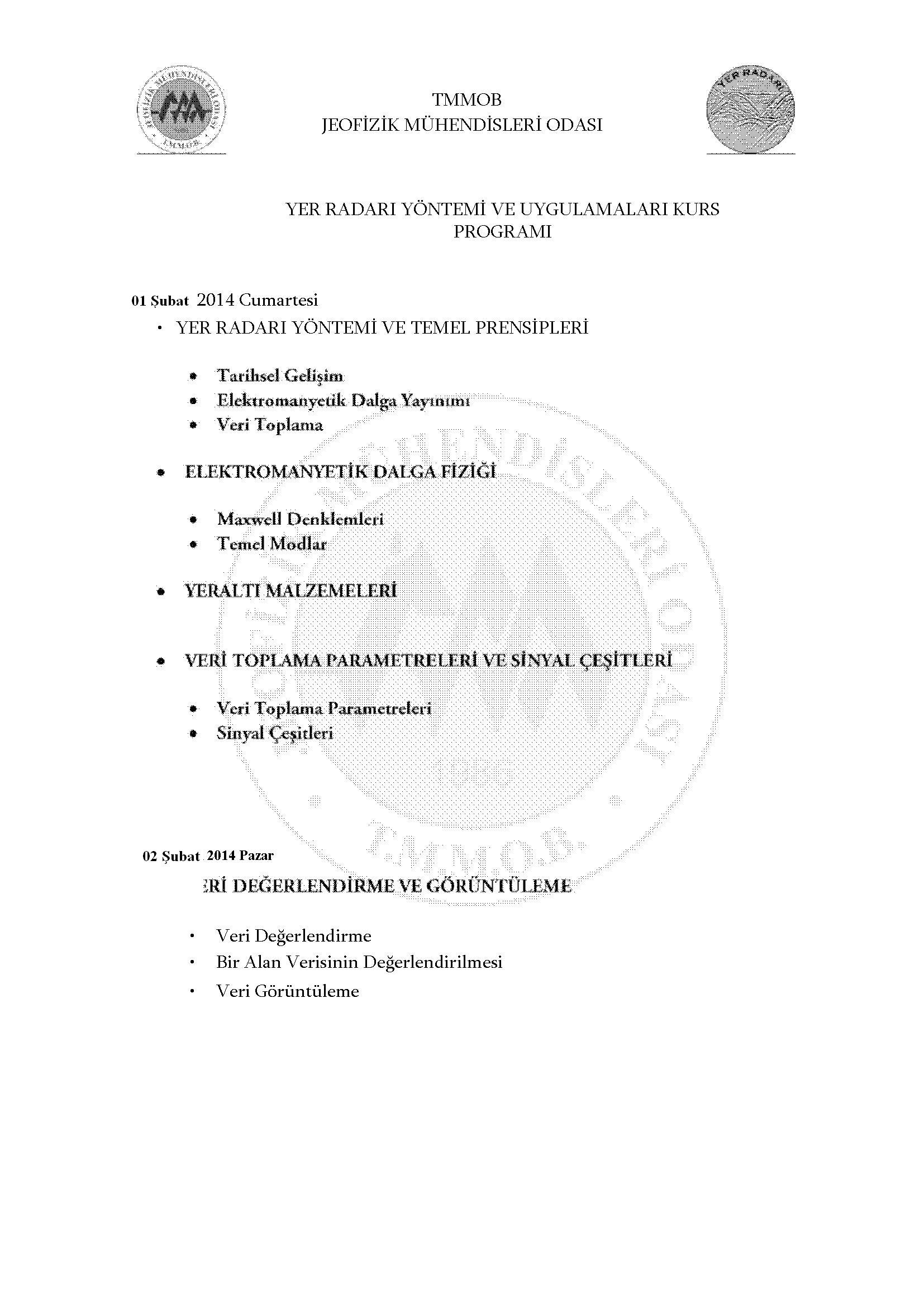 YER RADARI YÖNTEMİ VE UYGULAMALARI KURSU 0102ŞUBAT2014 ANKARA