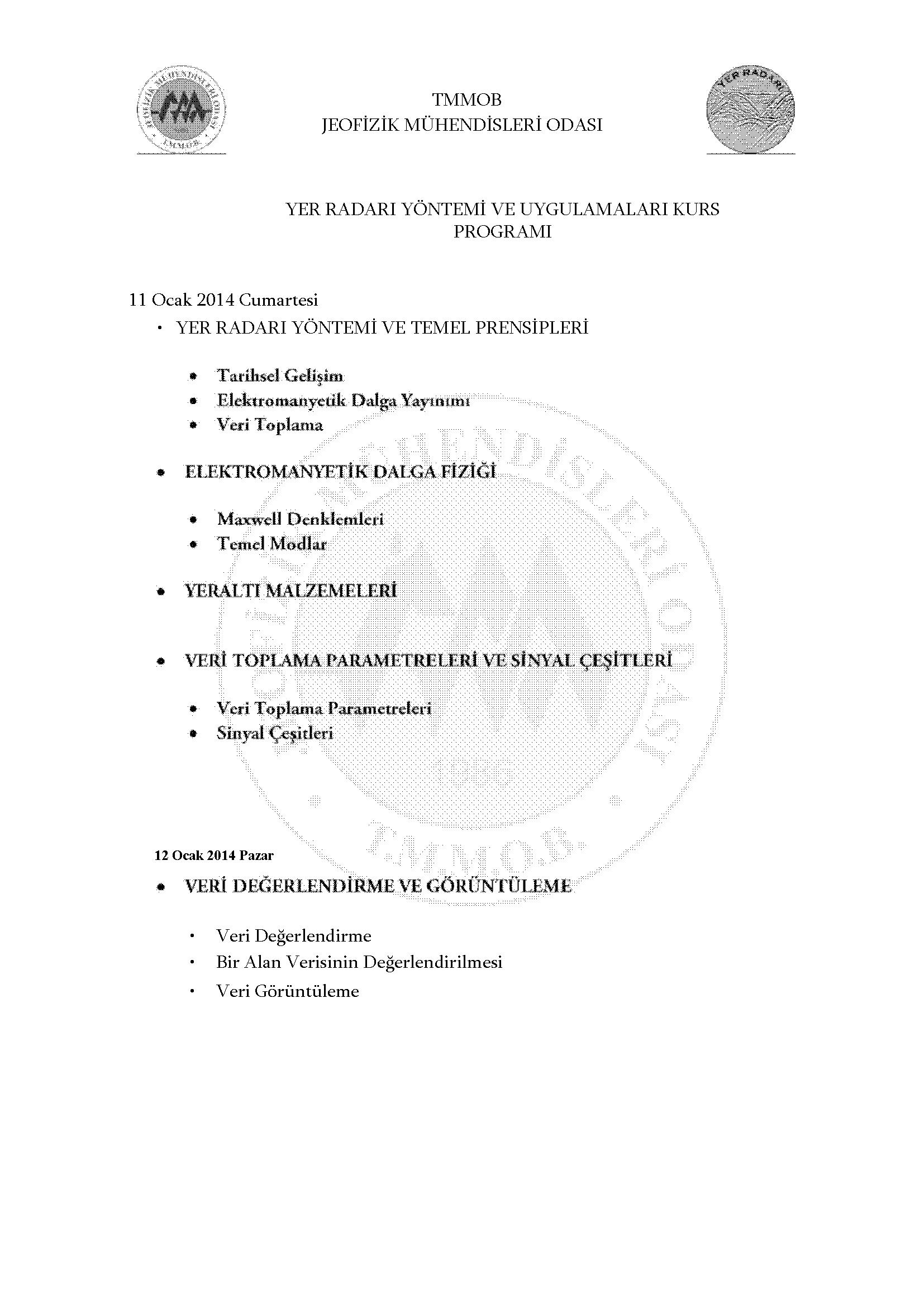  YER RADARI YÖNTEMİ VE UYGULAMALARI KURSU 1112 OCAK 2014 HATAY