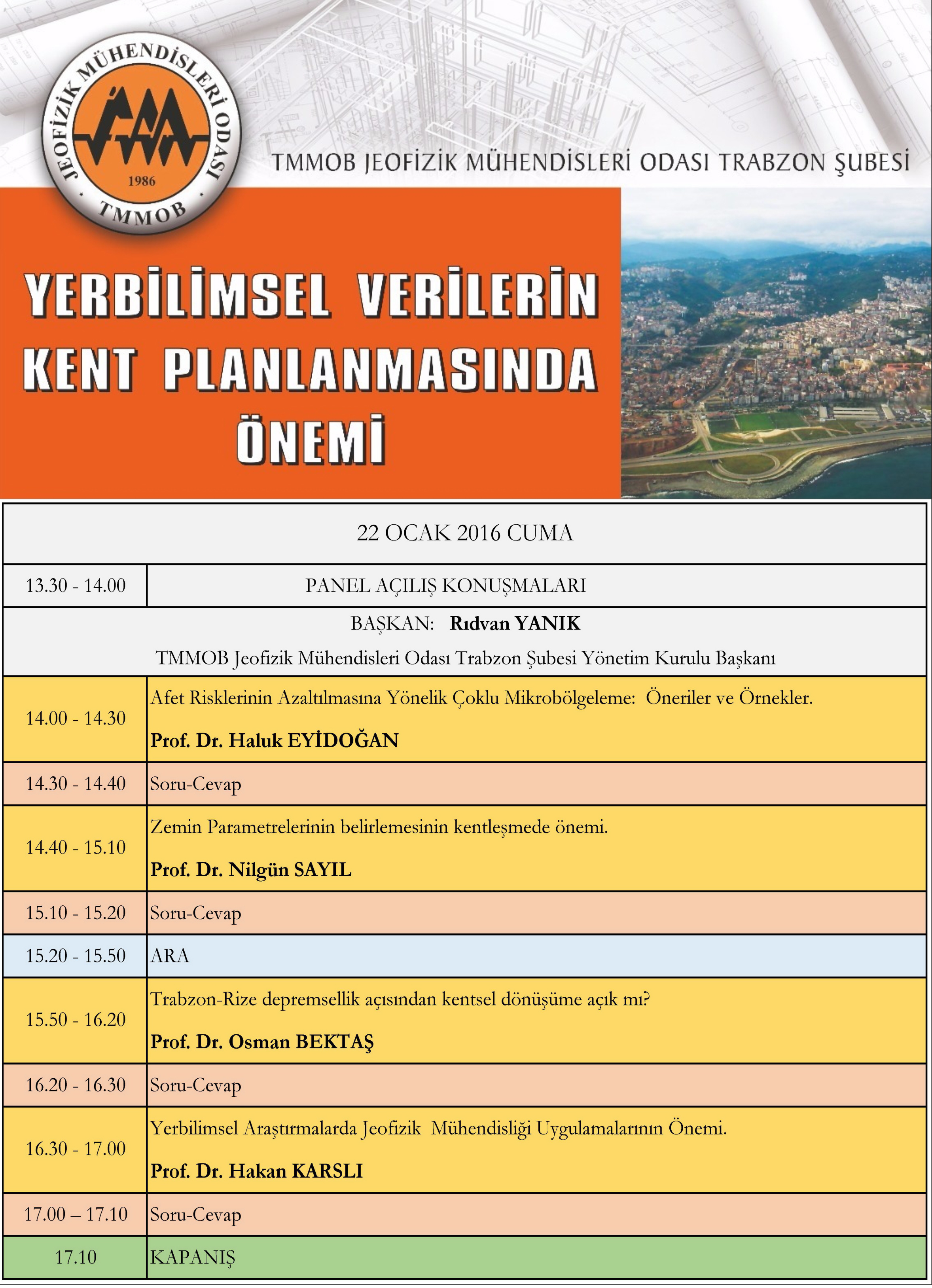 <BR>YERBİLİMSEL VERİLERİN KENT PLANLANMASINDA ÖNEMİ KONULU PANEL 22 OCAK 2016 TRABZON
